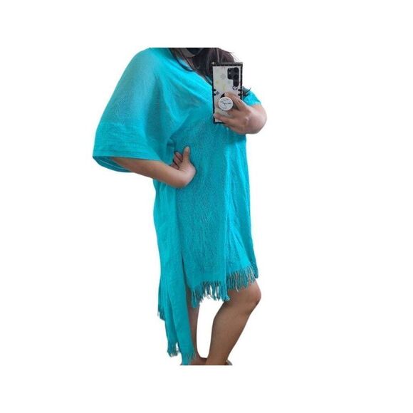 Swim cover up light teal fringe hi low fits S/L - Picture 4 of 5